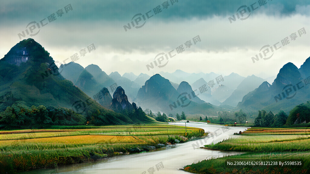 风景优美高山河流田园美女