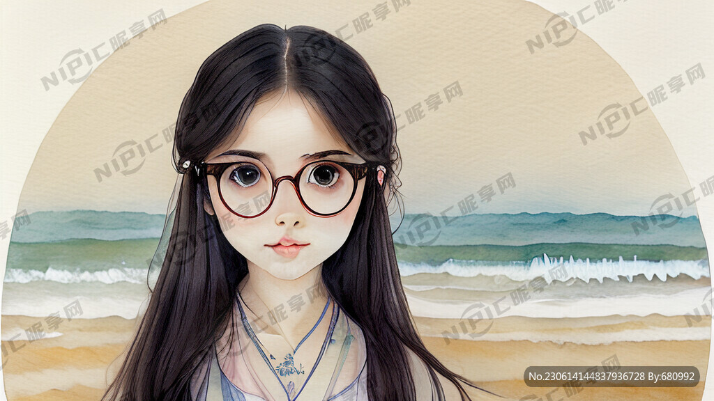 长发大眼仙女可爱眼镜长裙海边