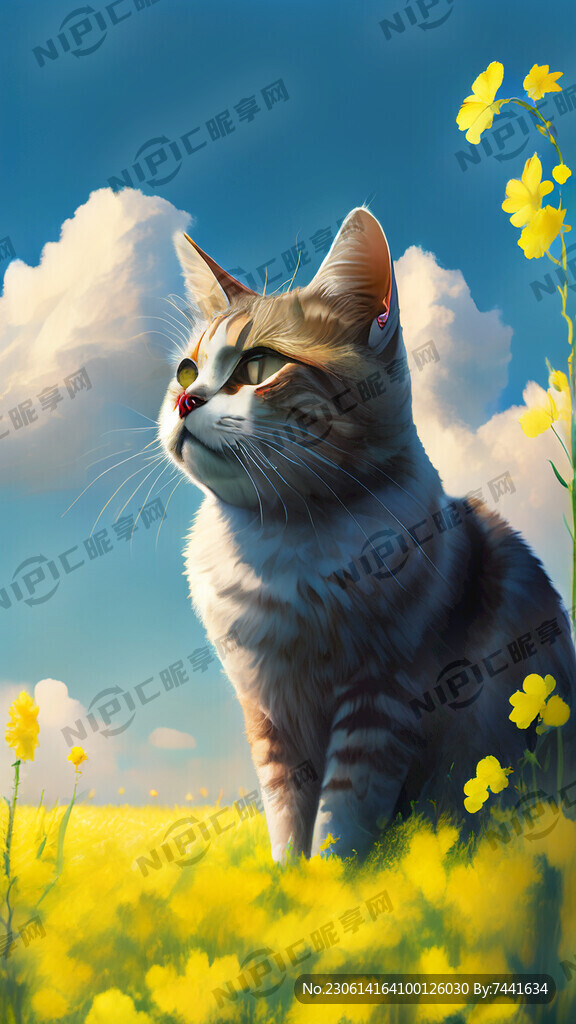 一只猫 在草原里 天空清朗