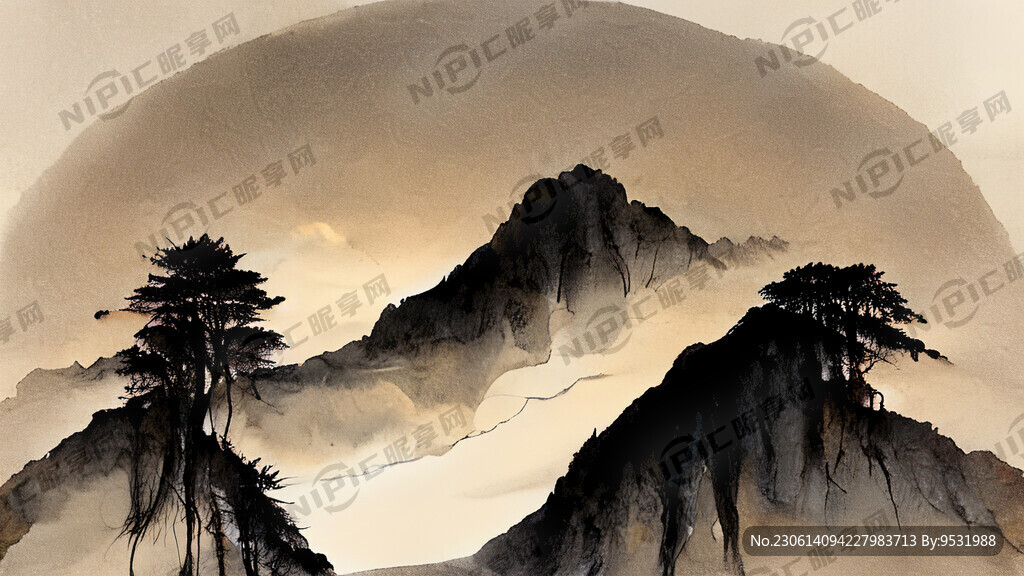 AI创作图山水画 有树 有水 有太阳nipic.com-昵图网