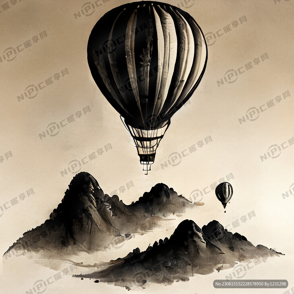 山水画飞机热气球