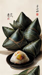 一份端午节的海报，粽子是中国的传统食物，由三片三角形的叶子包裹在竹子外面，并用绳子扎紧，呈实心三角形，明亮的绿色调，以表现出生动的风格