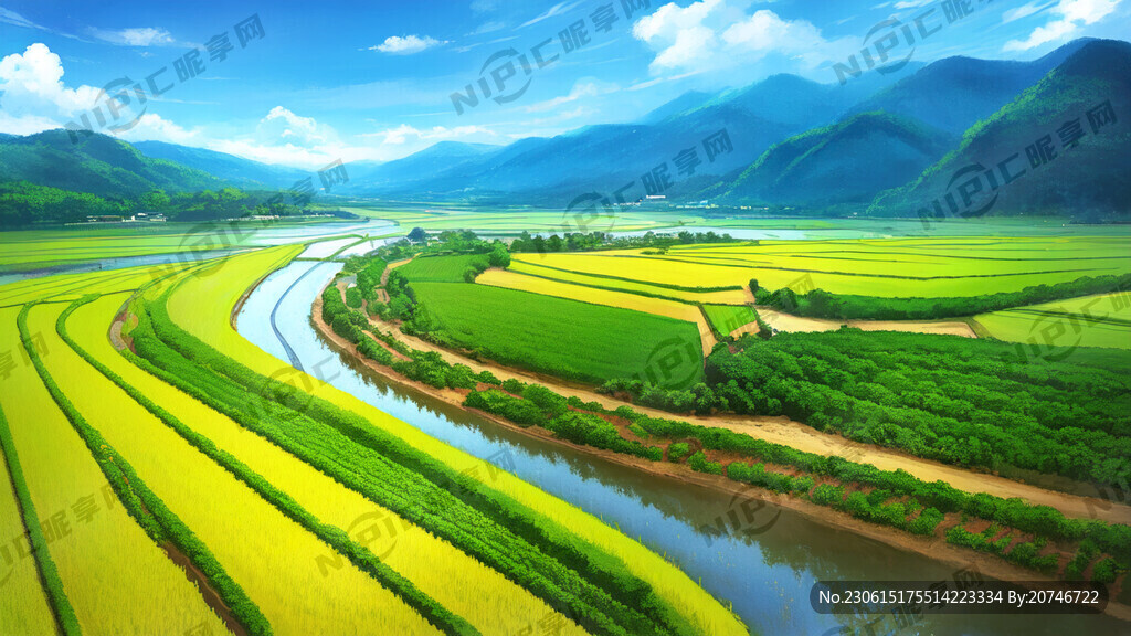 三个人物插秧 稻田 河流 山川