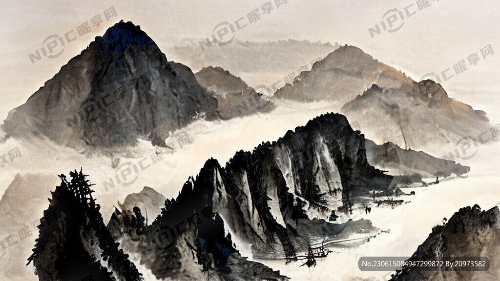 写意山水画 国画 水墨 河流