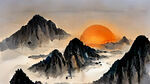 清新中国风山水有日出有大雁