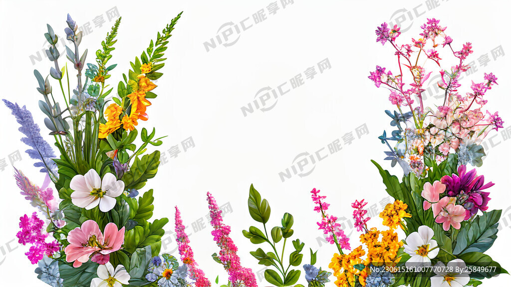 白色背景一横排很多花束植物左高
