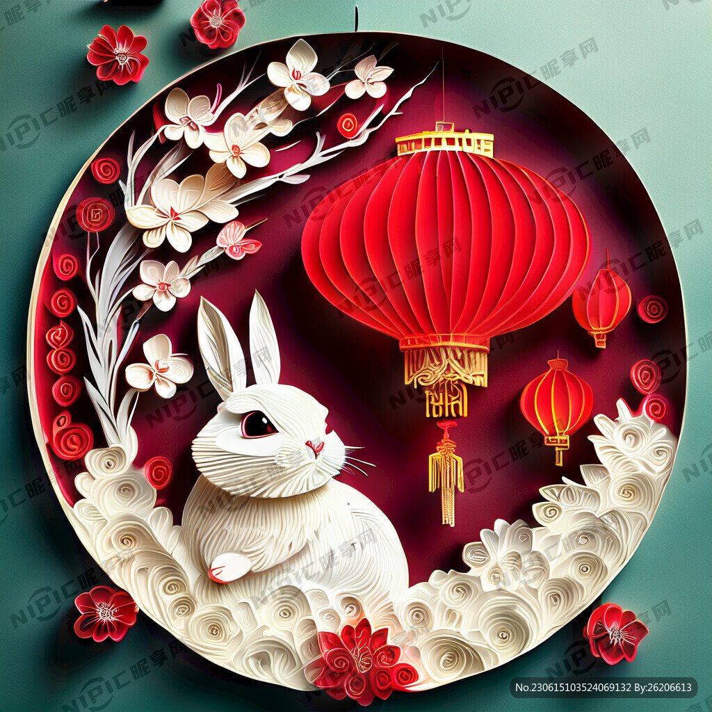 衍纸艺术 春节 可爱兔子 红梅