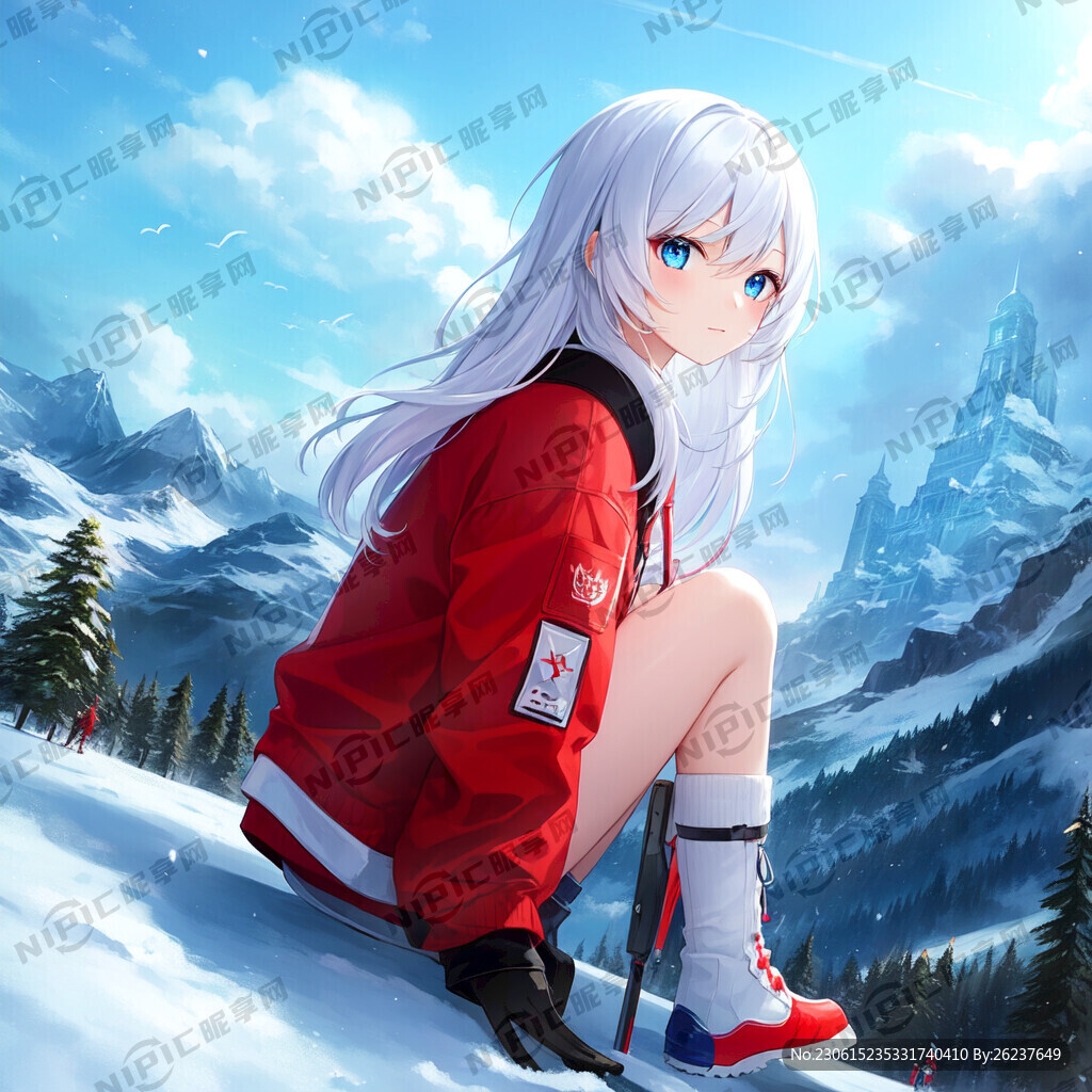 滑雪少女 白色头发 红色衣服