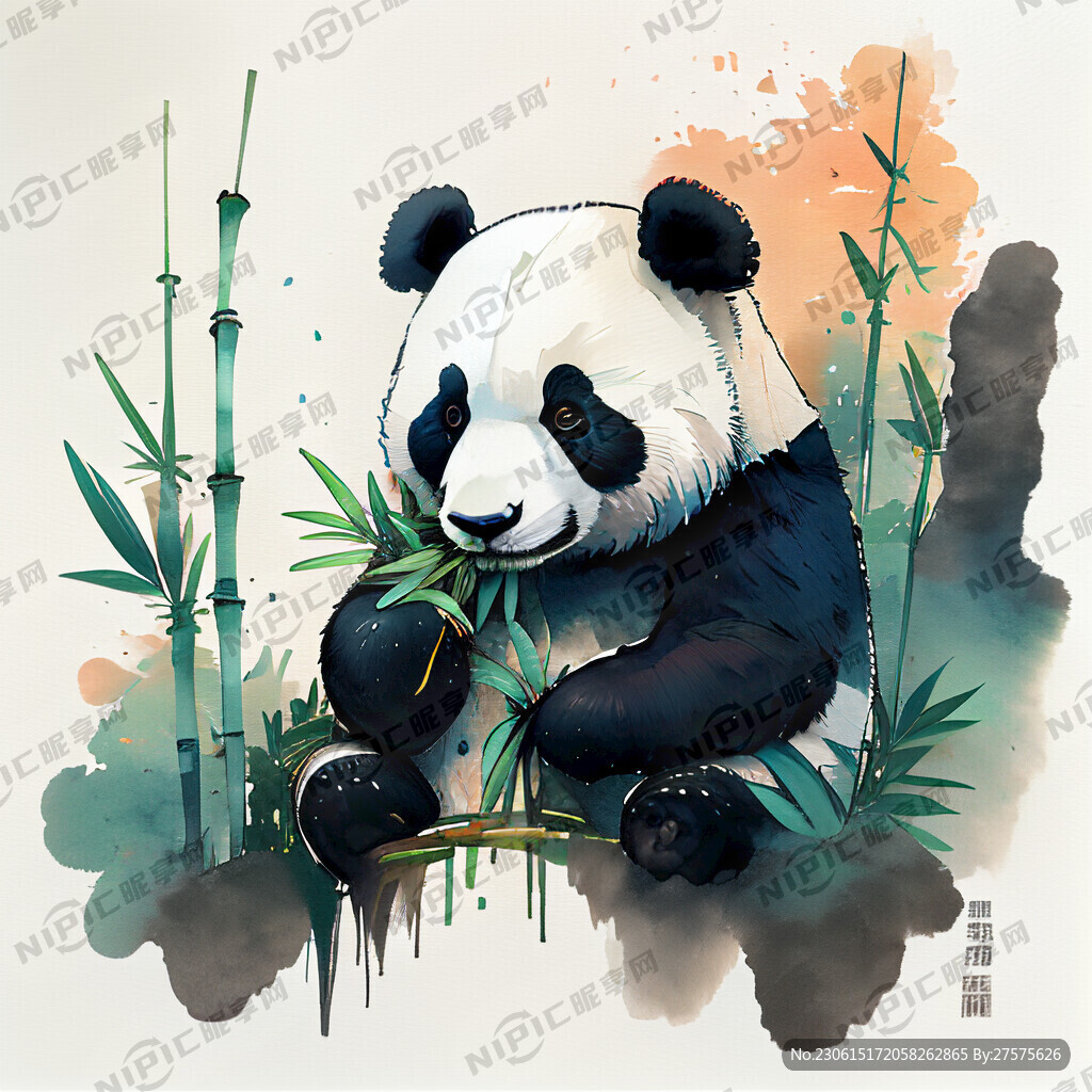 吃竹子的熊猫 国潮 彩色