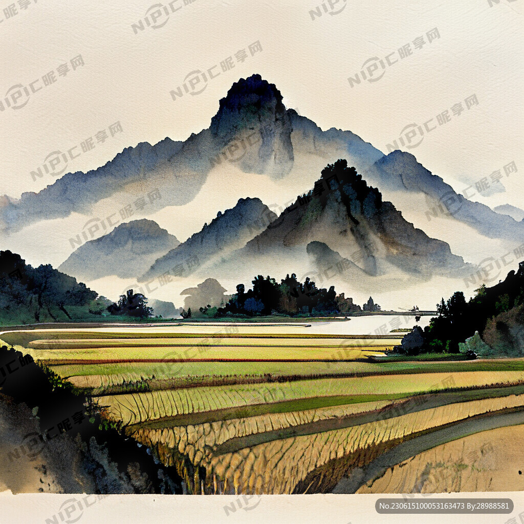 山谷 中国风 中国画 稻谷