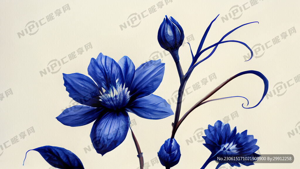 青花 藤蔓 手绘 单色 茎叶