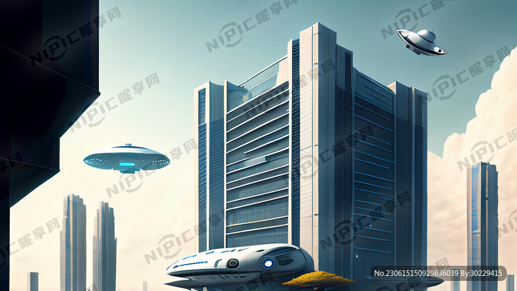 科技高楼大厦 人工机器人 飞碟