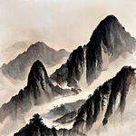 山谷，中国风，中国画，山水，水墨风格，写意，意境，高雅，高清，仙风道骨。