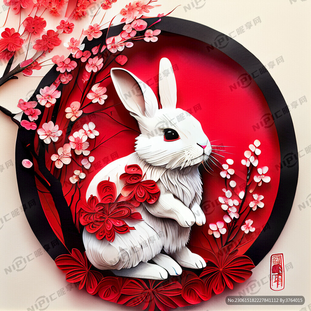 衍纸艺术 春节 可爱兔子 红梅