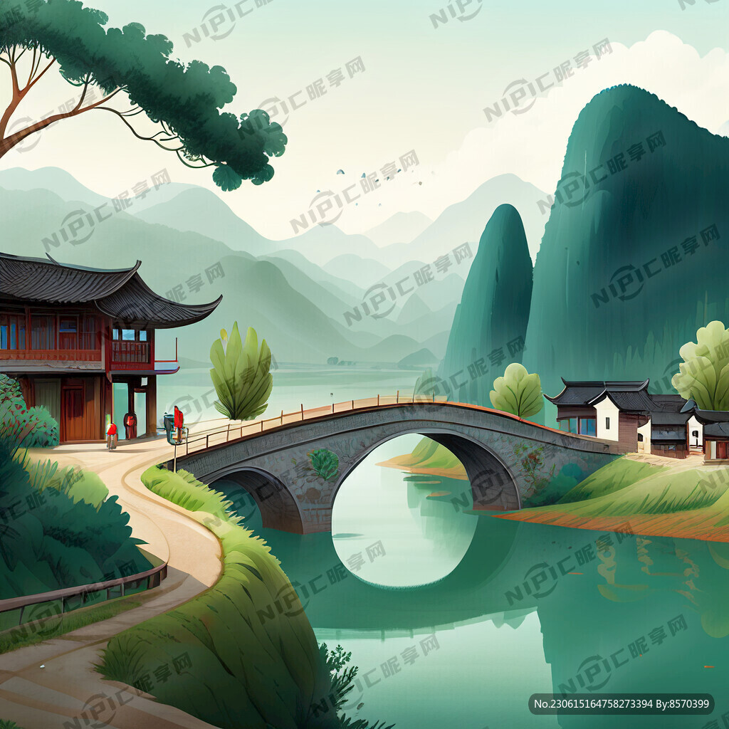 美丽乡村有桥有水种地瓜干有车绿