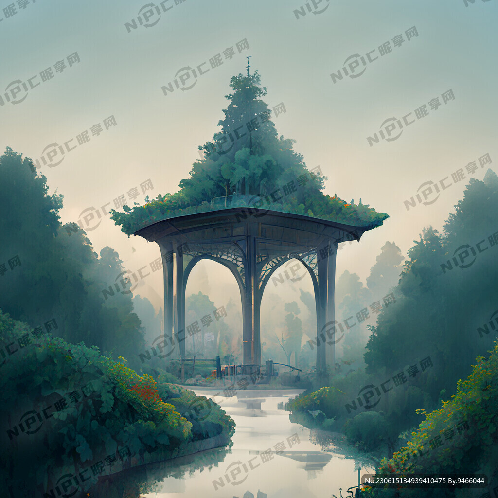 亭子 小桥 溪水 园林 云雾