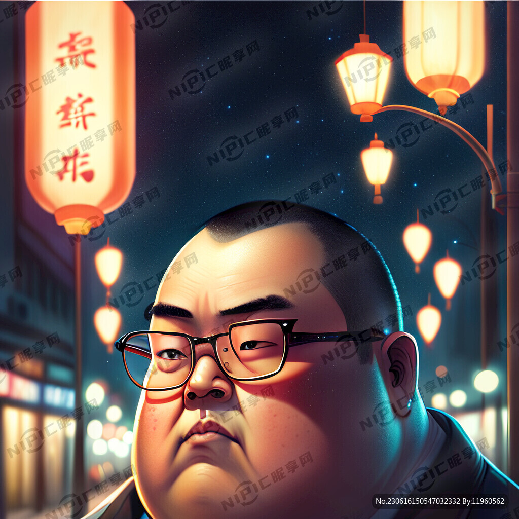 眼镜胖子男人光头街道路灯夜晚星