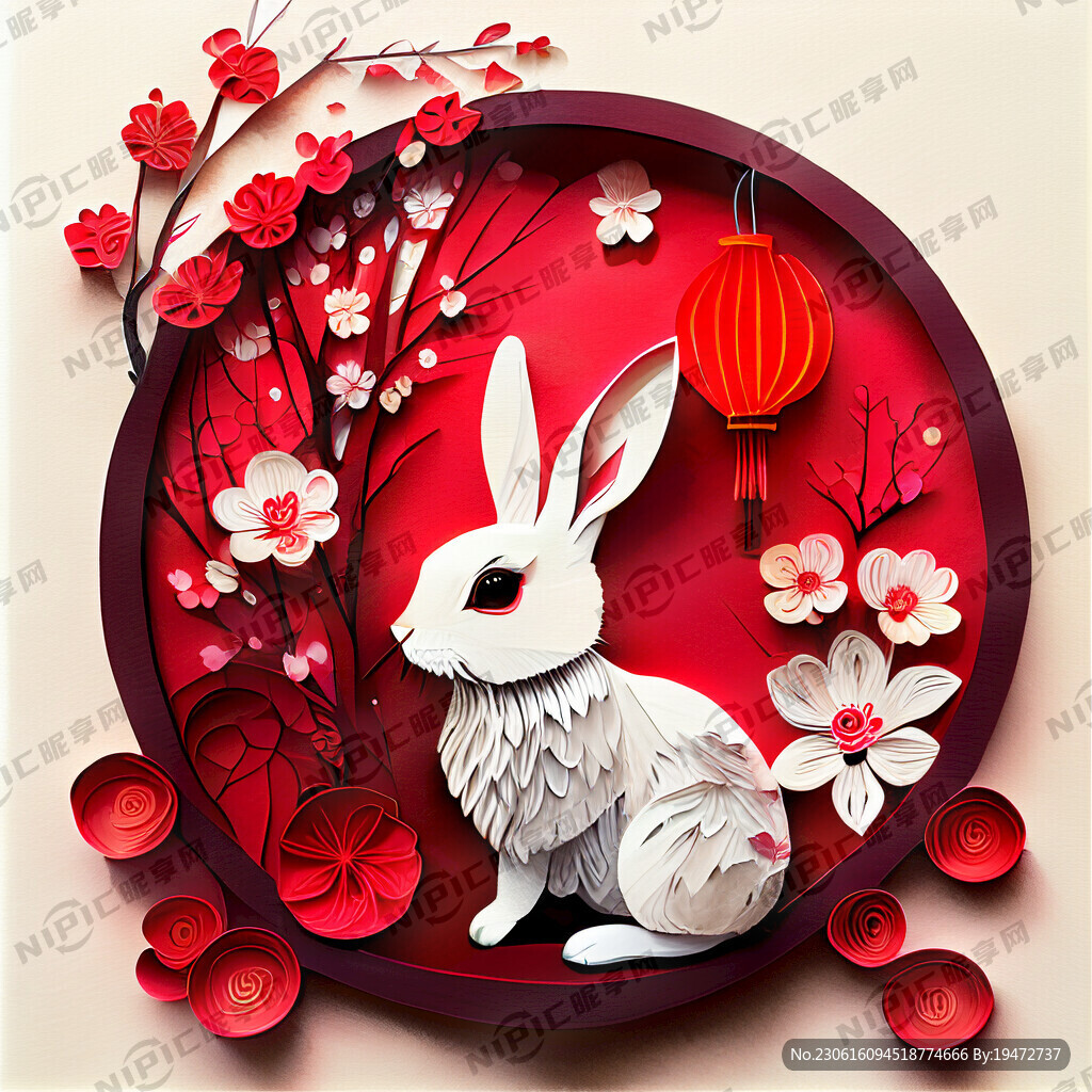 衍纸艺术 春节 可爱兔子 红梅
