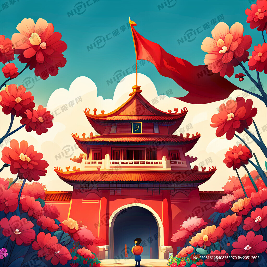 卡通插画 北京 红旗 卡通男孩