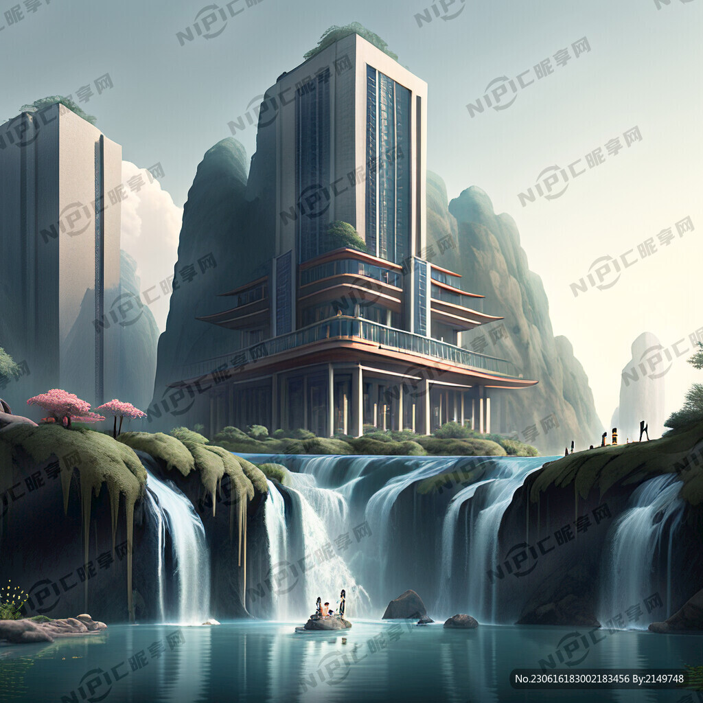 瀑布河流 高楼大厦 人来人往。
