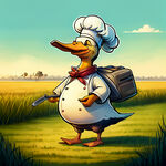 一只卡通厨师鸭子扛着手绘烤鸭走在大草原上