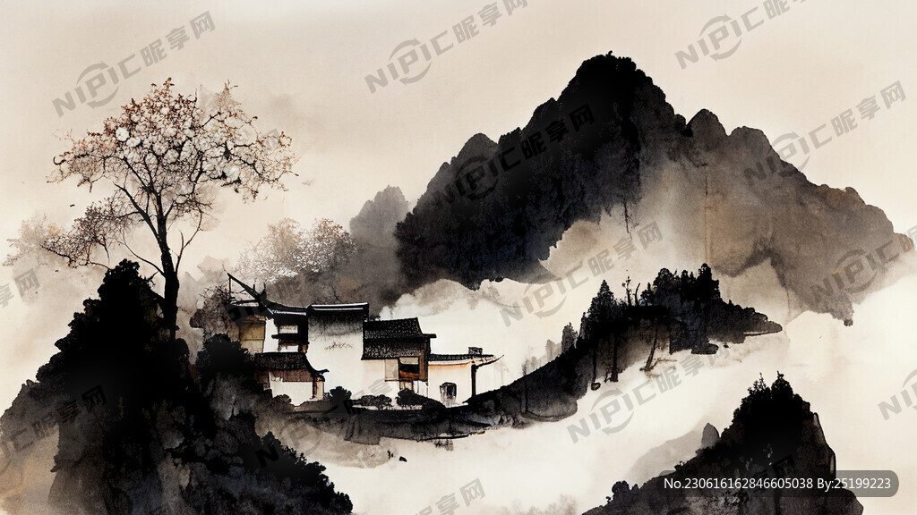 梨花 梨树 村庄 山水 水墨
