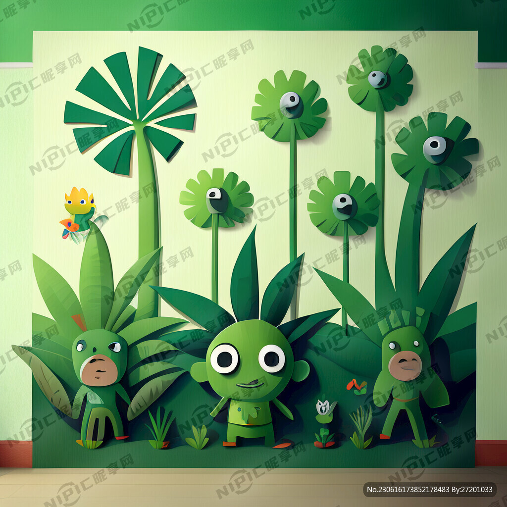 幼儿园壁画童趣绿色植物扁平化