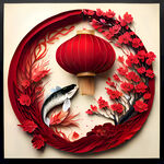 衍纸艺术，春节，鲤鱼，唯美红色，红梅，红灯笼，高清，创意构图