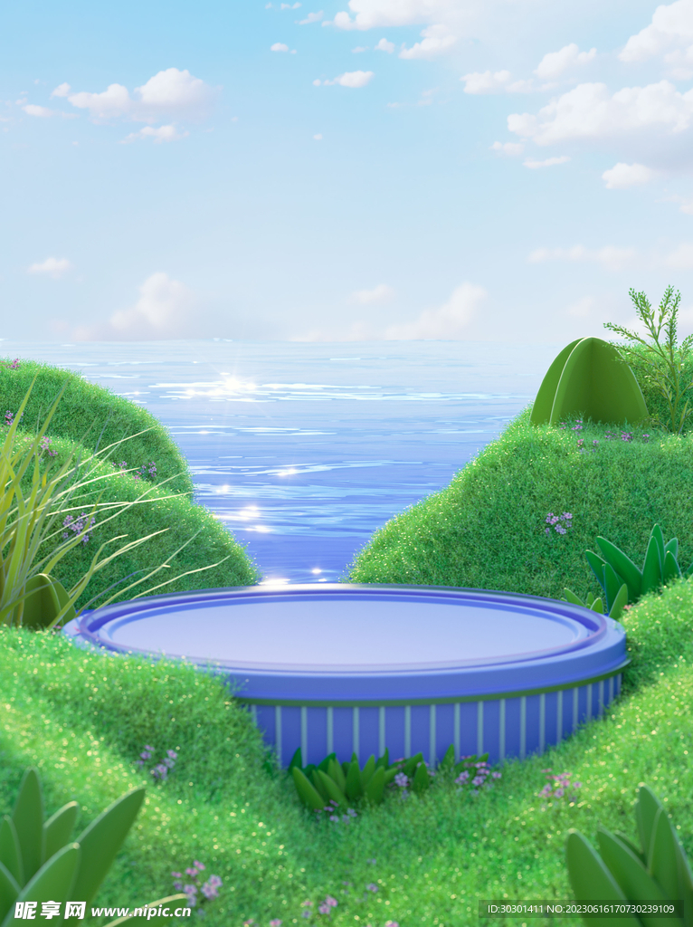 夏季蓝色海边草地3D场景背景