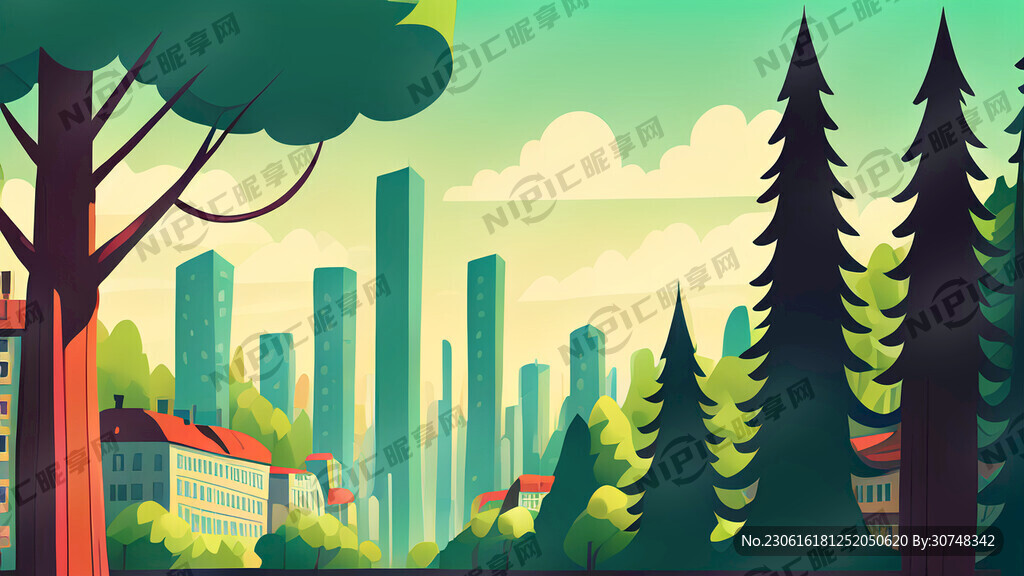 森林城市融合卡通风格插画