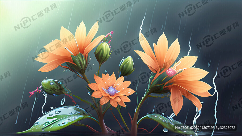 雨水滋润花朵生长 雷鸣。