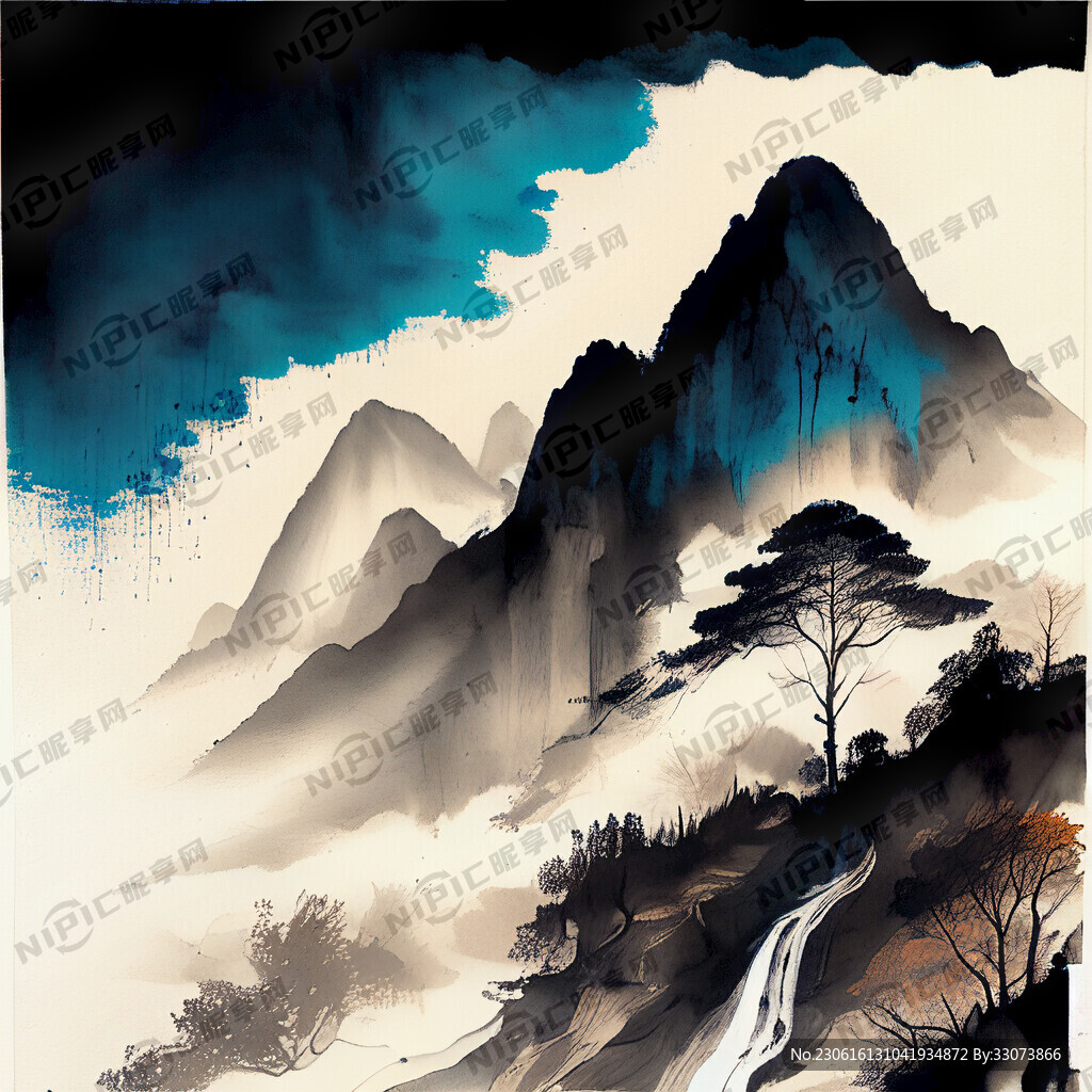 蓝色的水墨天空 有山有水