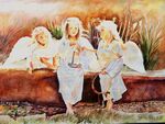 水彩画三个天使女孩 