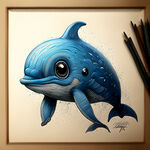 蓝色小海豚，机灵，可爱，手绘，详细刻画眼睛，