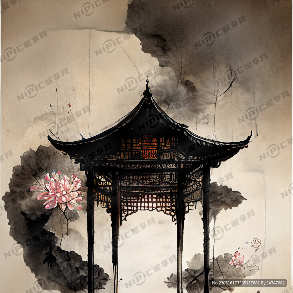 亭子线条图古风荷花伤感