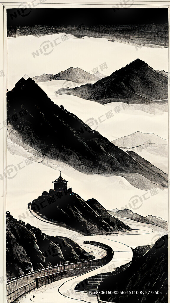 蜿蜒长城 群山风光黑白线稿板画