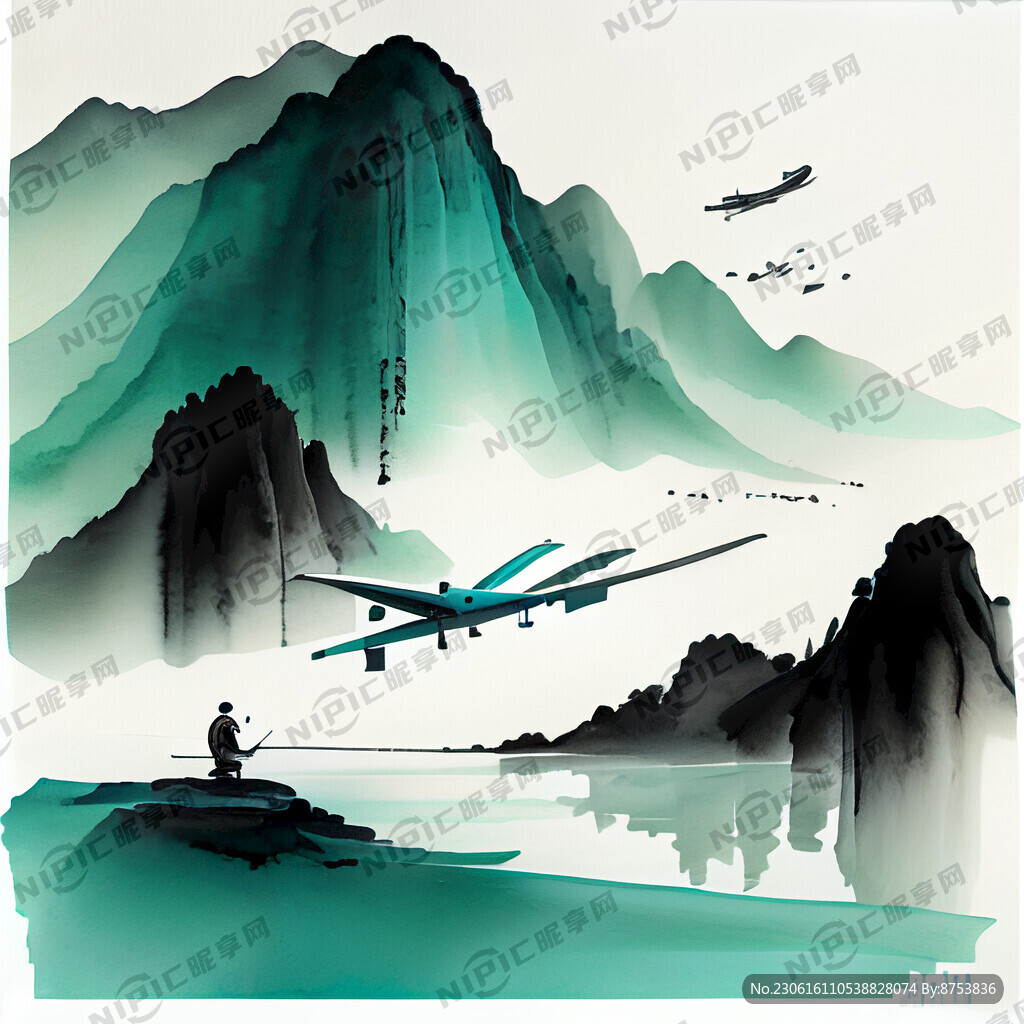 青山绿水 小船 渔夫 鱼 飞机