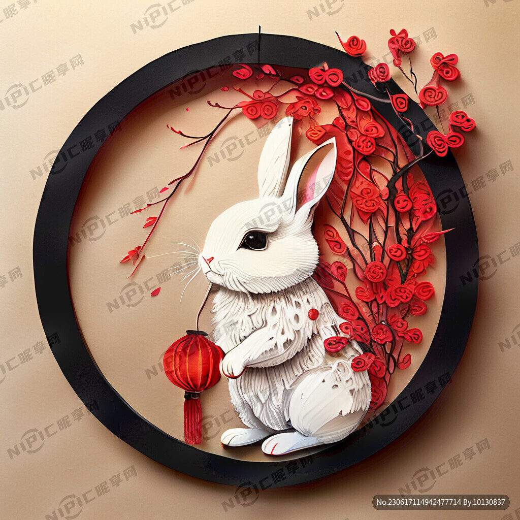 衍纸艺术 春节 可爱兔子 红梅