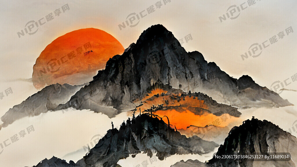 国画鸿运当头太阳船山流水鸟树