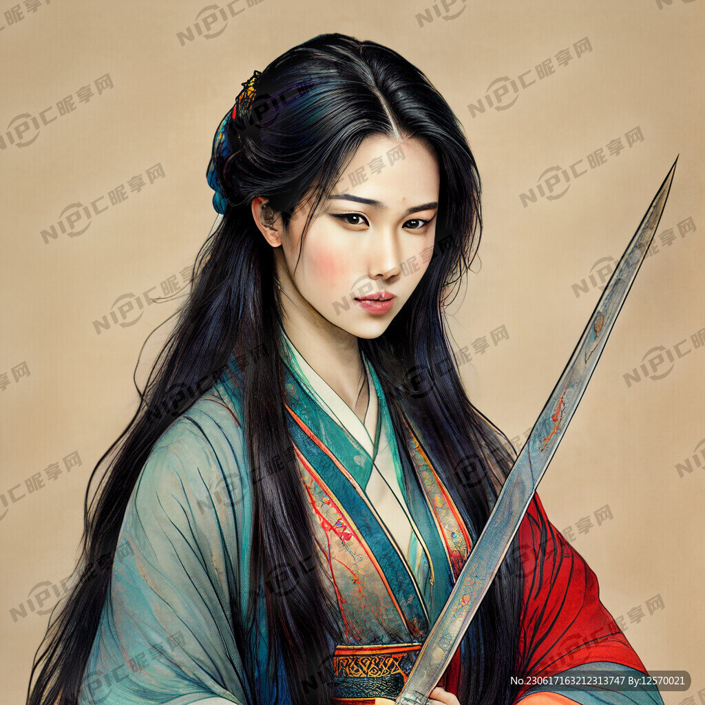 一个古风的女人 手里拿剑 长发