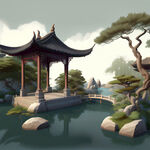 中国风，典雅，园林，3D模型，数字艺术作品。