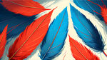红色与蓝色羽毛围绕，色彩丰富的插画风格，光影强烈，细节丰富，偏动漫风格