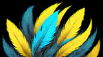黄色色与蓝色羽毛围绕黑色，色彩丰富的插画风格，光影强烈，细节丰富，偏动漫风格