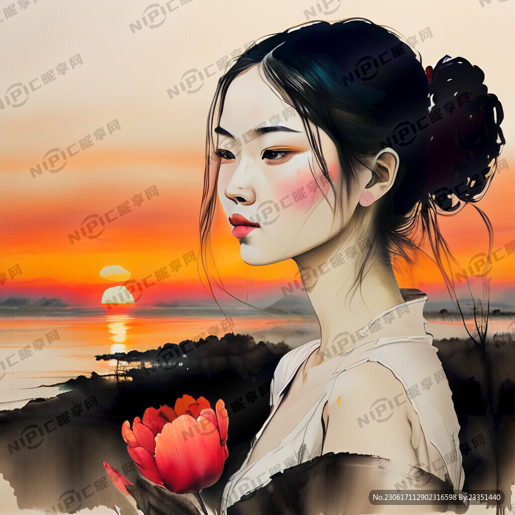 落日海边郁金香中国风唯美女孩暖