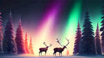 夜晚天空泛着极光般的色彩一只麋鹿拉着圣诞老人下方是松树林地上和树上堆积皑皑白雪高清