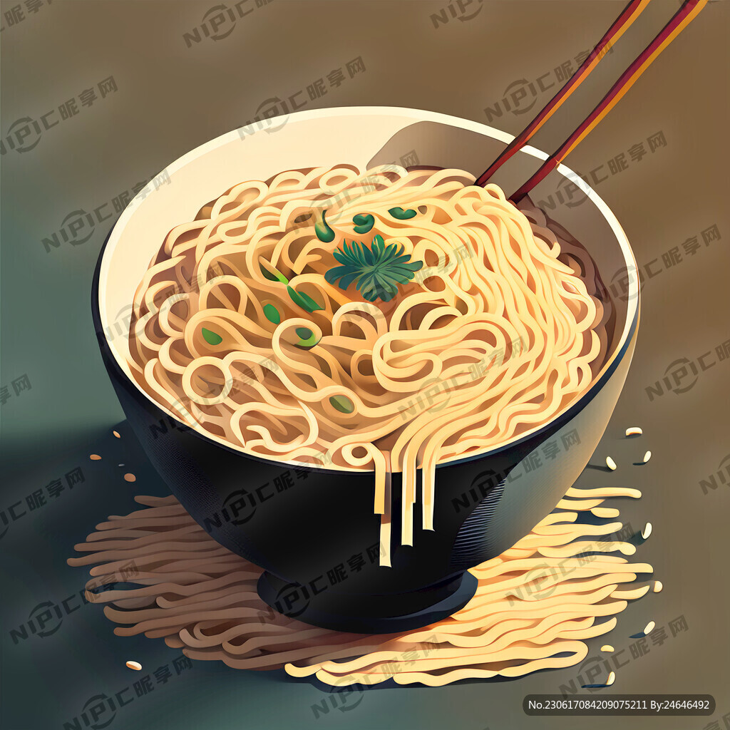 面条插画 平视 部分面条流出来