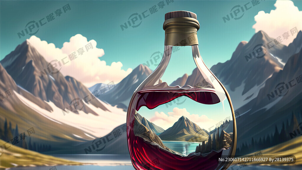 右上角一个酒壶在倒酒 山水背景