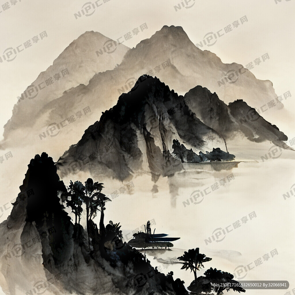 中国水墨风格 海边风景 有山