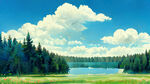 森林湖边蓝天白云绿草地湖光惬意花草树木幽静自然