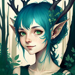 蓝色头发，绿色眼睛，尖耳朵，森林精灵，少女，在森林里和鹿一起，脸部细致刻画少女微笑，手撩被风吹起来的头发